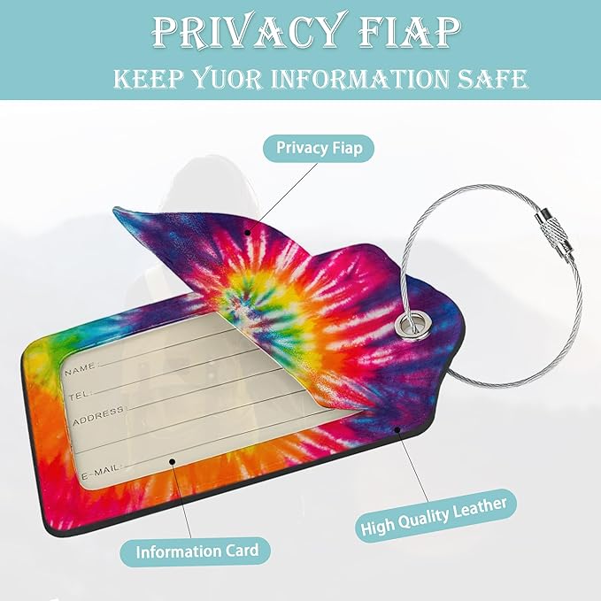 Tie Dye Luggage Tag,Colorful Rainbow Luggage Tags of Set 2 Leather Identifiers Privacy Cover with Stainless Steel Loop for Women Men Travel Bag Suitcase