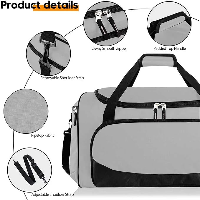 Heavy Duty Duffle Bag for Men, 55L Large Durable Gym Duffel Bag for Workout, Sports, Travel Gear - Gray