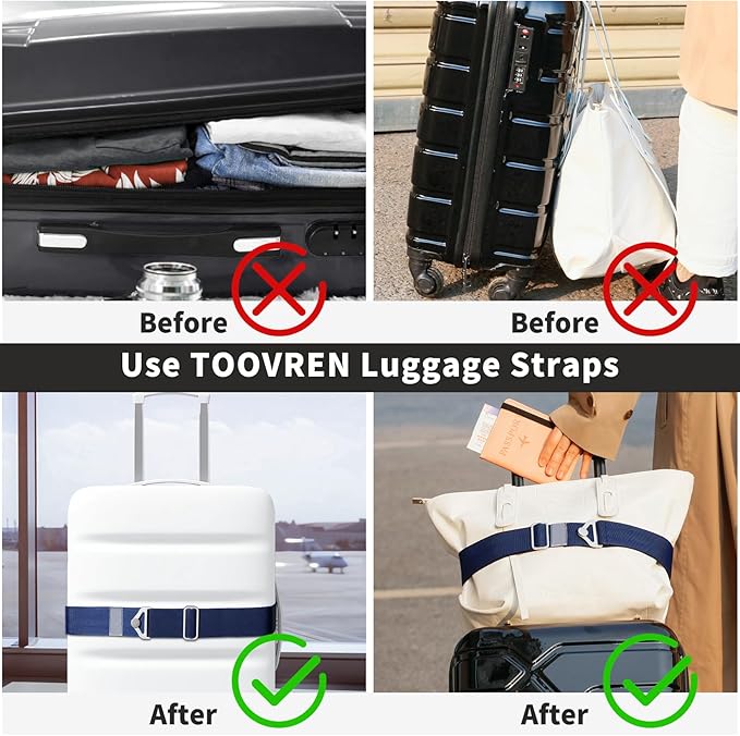 TOOVREN 2-in-1 Travel Belt for Luggage Straps Add a Bag Bungees Suitcase Luggage Strap Over Handle Suitcases Belt for Carry On Bag Adjustable Backpack Attachment Airport Travel Accessories Blue