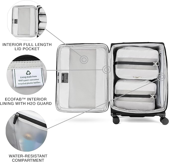 Travelpro VersaPack+ Lightweight Softside Expandable Checked Luggage, 8 Spinner Suitcase, TSA Lock, Men and Women, Checked Medium 25-Inch, Black