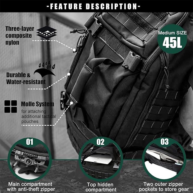 Travel Duffle Bag Backpack for Men - Large Tactical Bags Weekender Gym Bag for Overnight Traveling Military Workout Deployment Sports (Black, 45L)
