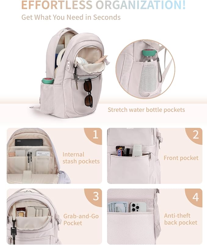 ECOHUB Travel Backpack for Women, 17.3 inch Suspended Laptop Backpack, Fashion Slim Water-Resistant College Computer Bookbag, 28L Personal Item Bag with 12 Pockets for Causal, Work, Beige