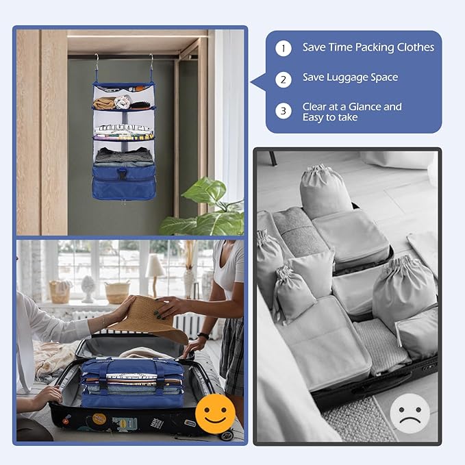 Surblue Hanging 3-Shelf Closet Organizer Pocket Collapsible Washable Oxford Fabric with 2 Hooks (L 11.41 * 11.41 * 19.68in, Blue)