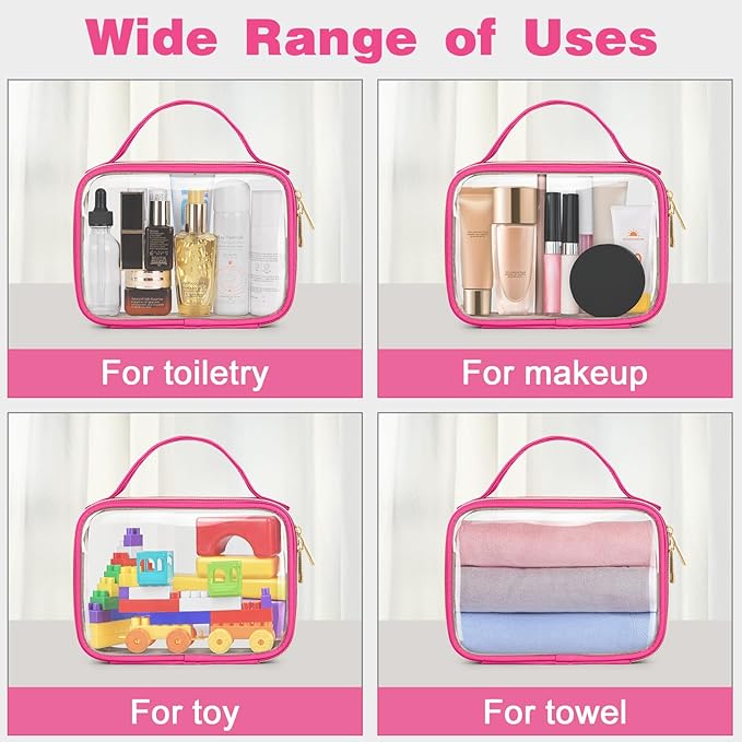 Wedama TSA Approved Toiletry Bag, 3 Pack Clear Makeup Bags with Handles, Quart Size PVC Clear Cosmetic Bags for Women and Men, Carry on Airport Airline Compliant Bag, Rose Red