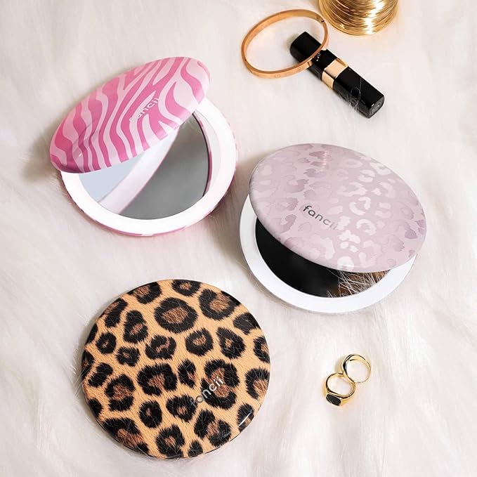 Fancii Taylor LED Lighted Travel Makeup Mirror, Rechargeable, 10x /1x Magnifying, Tru-Glow Lighting System, XL Large 5” Wide | Compact Mirror for Purses (Cosmic Leopard)