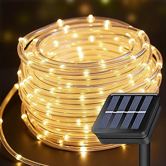Solar Rope Lights Outdoor Waterproof, 66 Feet 200 LED 8 Modes Fairy Lights String Light, Warm White Tube Light with Solar Panel for Outside Garden Yard Patio Party Decoration
