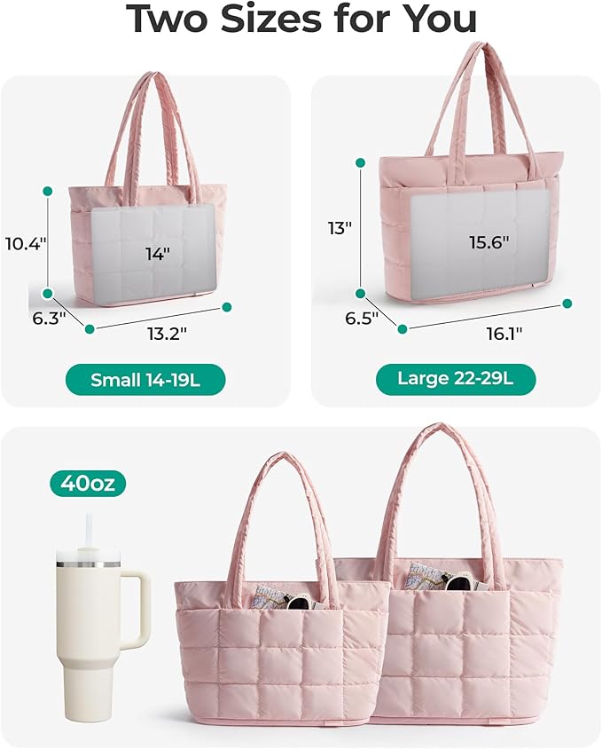 BAGSMART Expandable Tote Bag for Women, Puffer Work Tote Handbag, Quilted Carry On Bag for Travel Gym