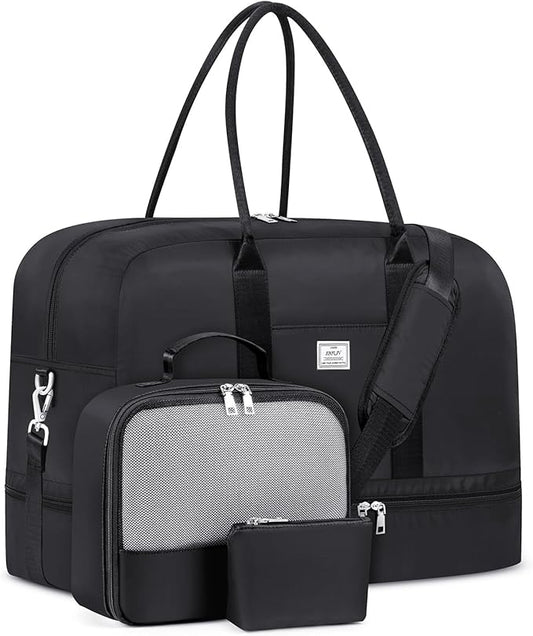 Weekender Bag for Women, Large Overnight Bag Canvas Travel Duffel Bag Carry On Tote with Shoe Compartment 21" 3Pcs Set