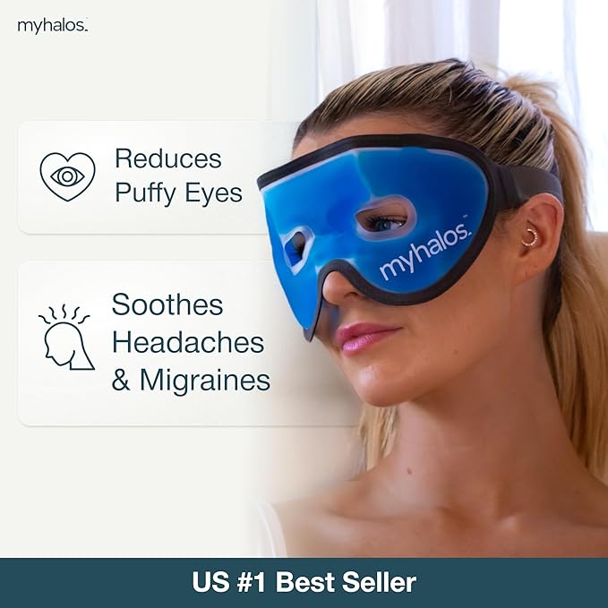 MyHalos Gel Mask - Reusable Cooling Eye Mask with Adjustable Straps - Cold Mask for Puffy Eyes, Dark Circles and Hangovers - Face Ice Pack Compress for Sinus, Headaches (Blue, (Pack of 2))