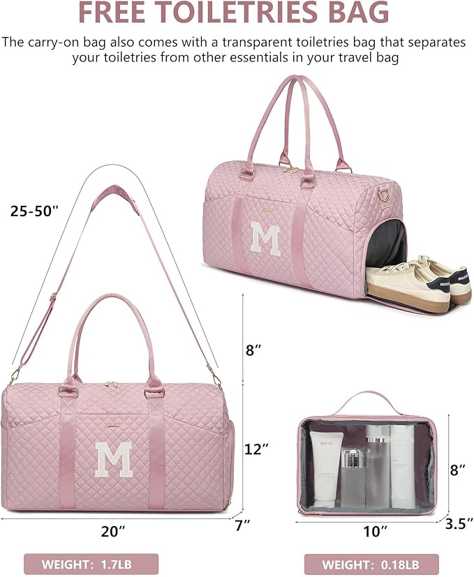 Women Weekender Travel Duffle Bag: Initial Duffel Overnight Bags with Shoe Compartment Large Carry on Tote with Toiletry Bag Weekend Traveling Yoga Gym Hospital Bag for Women with Wet Pocket Letter M