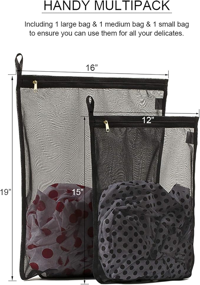 TENRAI Delicates Laundry Bags, Bra Fine Mesh Wash Bag for Underwear, Lingerie, Bra, Pantyhose, Socks, Use YKK Zipper, Have Hanger Loops (Black, 1 Large & 1 Medium)