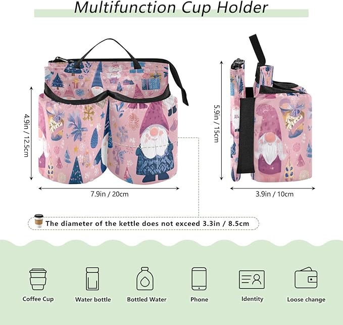 Luggage Cup Holder for Suitcases Free Hands Travel Cup Holder Portable Suitcase Cup Drink Holder Luggage Cup Caddy Bag Carrier Pink Christmas Snowflakes Gnomes Trees