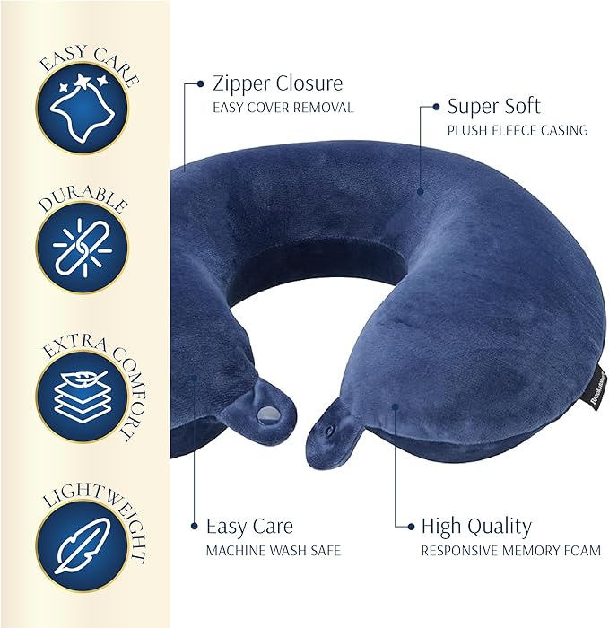 Brookstone Travel Neck Pillow - Lightweight Fleece Casing U-Shaped Stuffable Memory Foam Travel Pillow for Sleeping and Neck Support, Blue