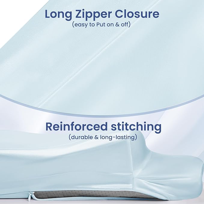 Satin Pillowcase for Cervical Pillows, (Cover Only) Fit for 24.8"x14.96"x5.51"/3.54" Orthopedic Neck Support Pillow, Silky Smooth Pillowcase Cover with Zipper Closure (Light Blue)