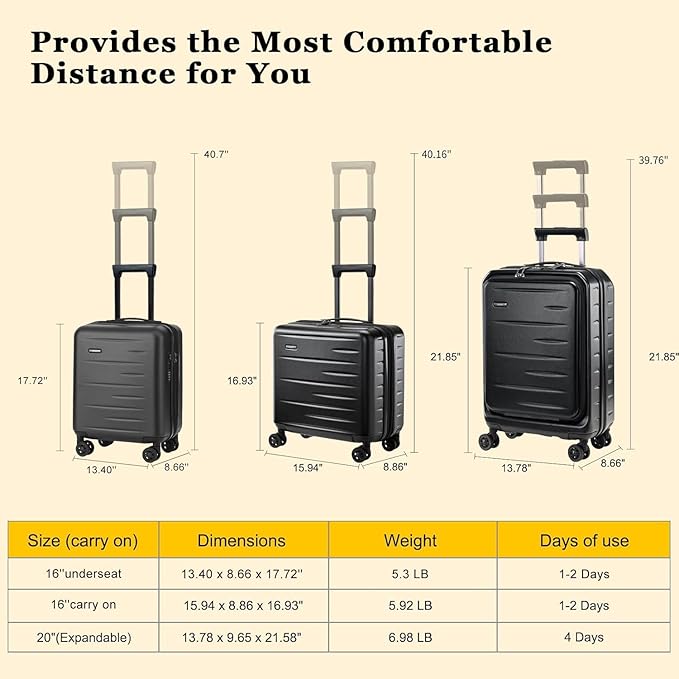 16 Inch Underseat Carry On Luggage Airline Approved, Expandable Lightweight ABS+PC Hard Shell Suitcases with 360° Spinner Wheels, TSA Lock, YKK Zipper, for Business Weekender (Black, 1 PC)