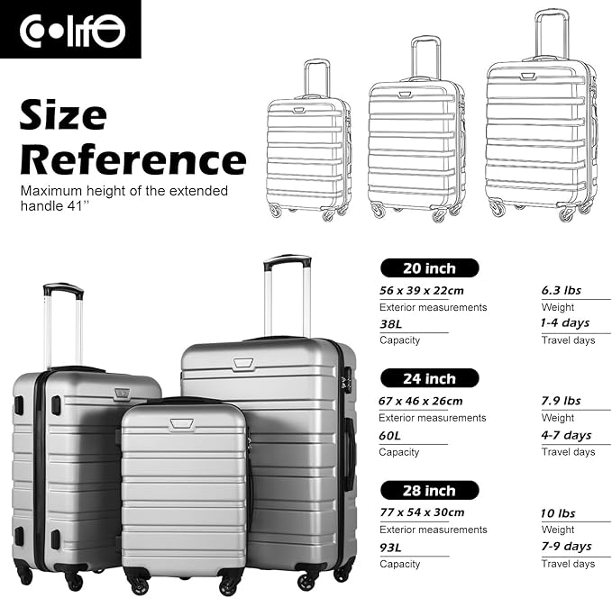 Coolife Luggage 3 Piece Set, Lightweight Durable Hardshell Suitcase set with 360° Spinner Wheels, TSA-approved Lock, Checked Family Travel Luggage sets, 20/24/28 Inch, Silver
