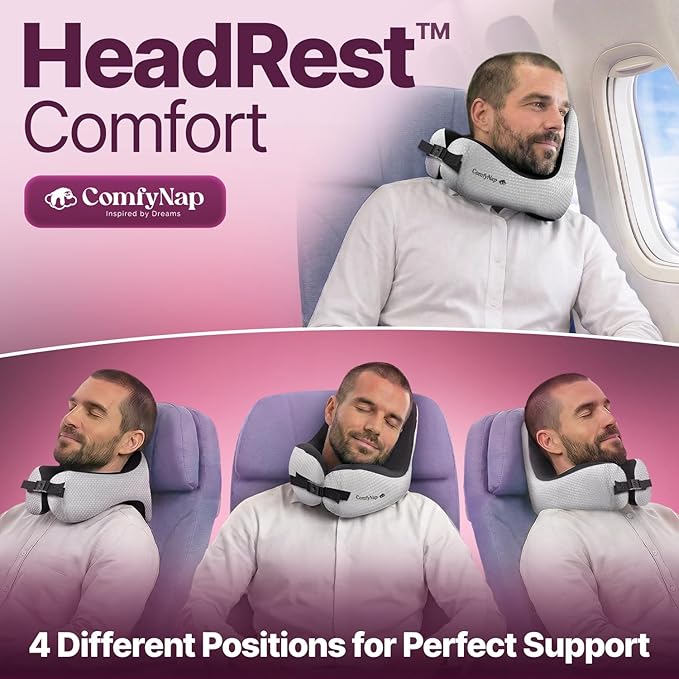 ComfyNap® Versatile Travel Neck Pillow for Airplane [Patented], 9 Positions in 3 Techniques, Plane Pillow with Pure Memory Foam, Travel Pillow with HeadRest Flight Sleep, Travel Essential - Moon