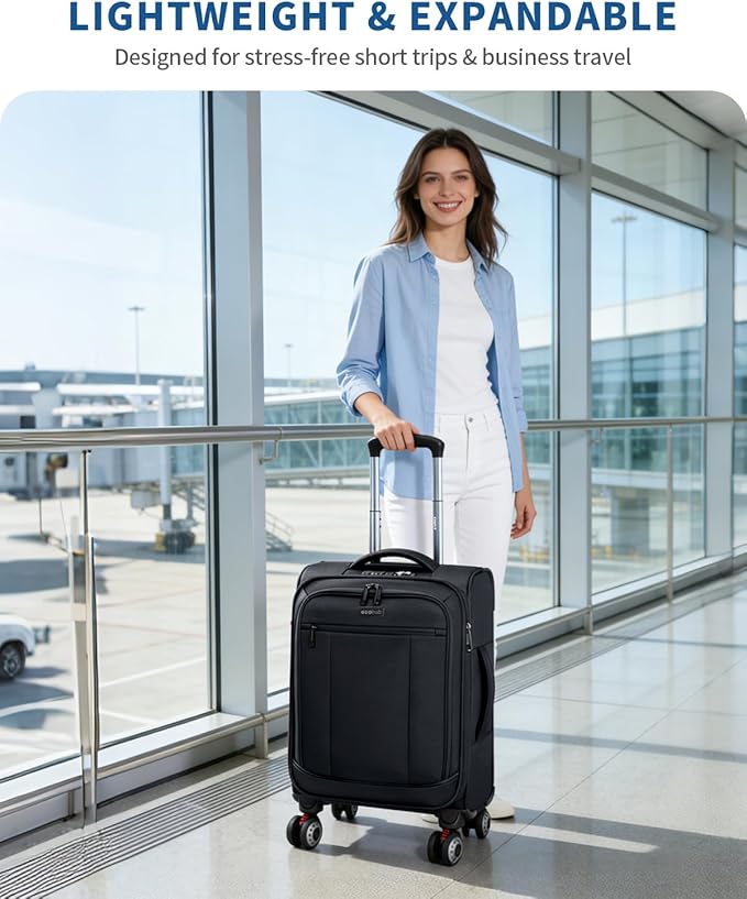 ECOHUB Carry On Luggage Airline Approved, 20 Inch Softside Carry On Suitcase with Spring Shock-Absorbing Spinner Wheels, Lightweight Travel Luggage with TSA Lock, 22x14x9 Carry-On Bag