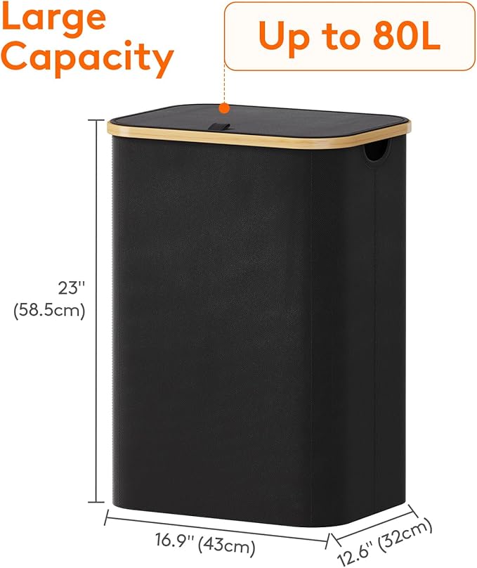 Lifewit 80L Laundry Basket with Lid, Clothes Hampers for Laundry with Bamboo Handles and 1 Removable Bag, Large Foldable Laundry Hamper for Bedroom, Bathroom, Dorm, Laundry Room, Black