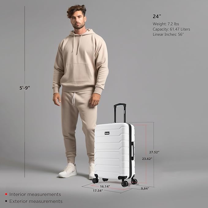 InUSA TREND Luggage with Spinner Wheels | Durable lightweight Hardside Suitcase, Travel bag with Handle and Trolley, 24-Inch Medium Checked luggage | White