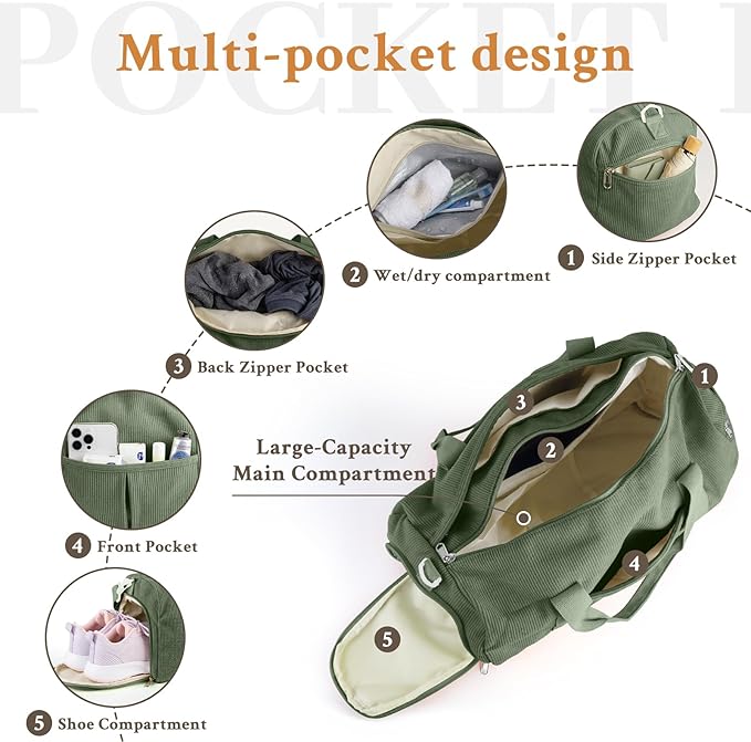 2PCS Cute Gym Bag for Girls, Corduroy Duffle Bag with Wet Pocket & Shoe Compartment and item bag, Duffle Bag for Travel, Sports, Fitness & Workout
