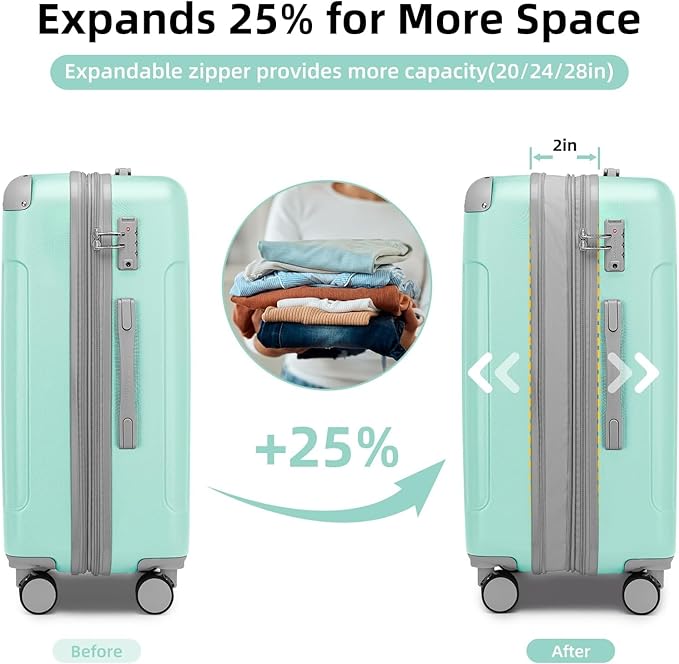 6 Piece Luggage Set Hard Shell - Mint Green Expandable Suitcases with Spinner Wheels and Duffel Bags for Family Travel, Durable Carry On Luggage Sets with Lock for Women and Men