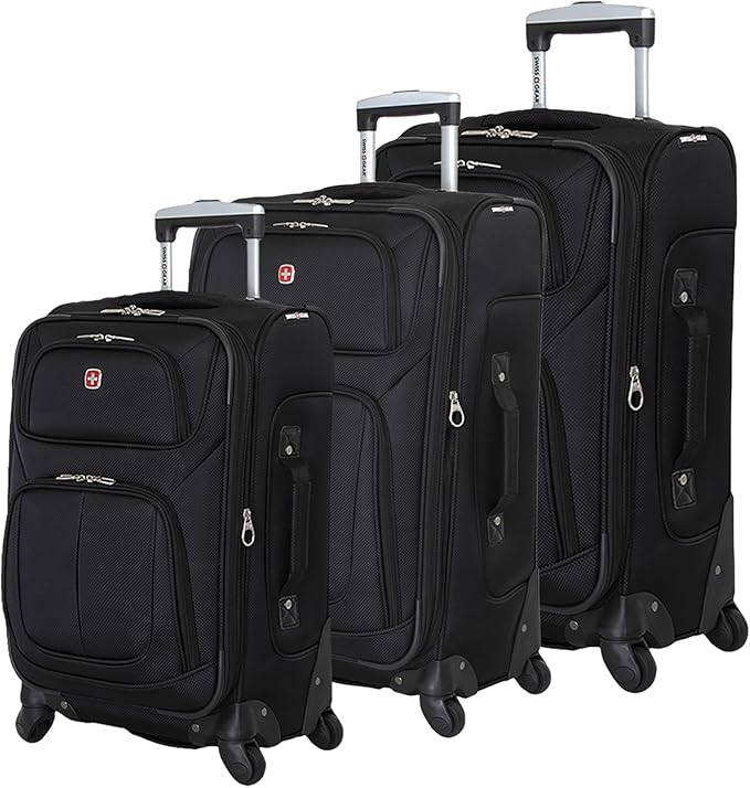 SWISSGEAR Sion Softside Expandable Spinner Luggage Durable Lightweight Travel Suitcase, Black, 3-Piece Set (21/25/29)
