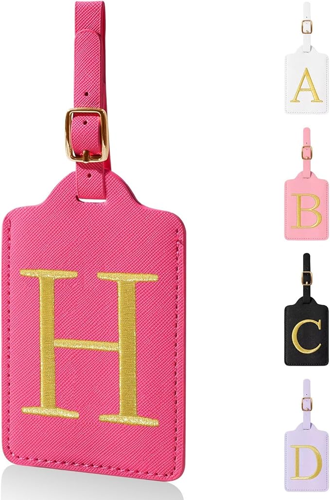 Personalized Initial Luggage Tags for Suitcases,Leather Letter Cute Luggage Tags with Privacy Name Card,Embroidered Monogrammed Travel Bag Backpack Tag Gifts for Women Kids Girls Teens(Rosered-H)