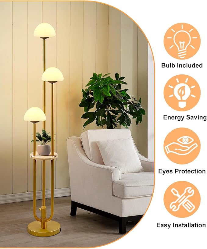 Lightdot Gold Dimmable Floor Lamp with Table, Modern Floor Lamps for Living Room 3000K Warm Bulbs Included Tall Standing Lamp with Mushroom Shades with 5Lbs Heavy Base for Sofa Beside/Corner Decor