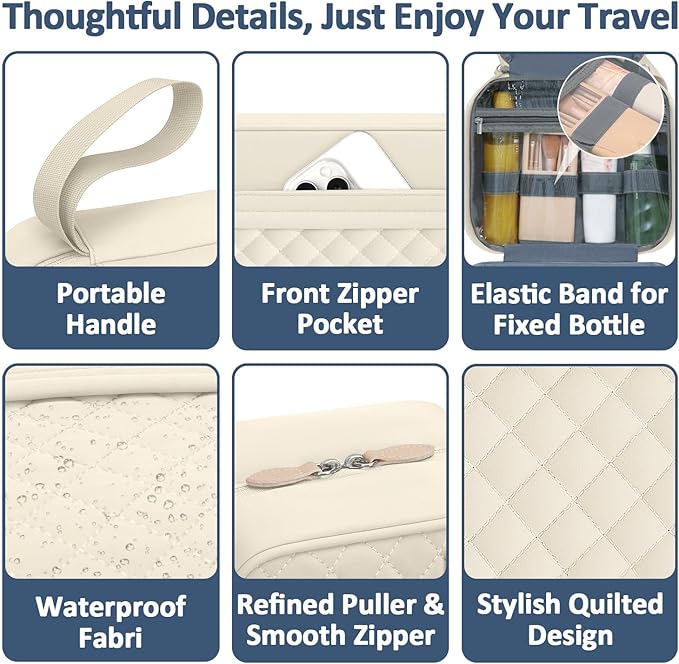 Travel Toiletry Bag for Women with Hanging Hook, Waterproof TSA Approved Cometic Toiletry Bag Organizers Leakproof Make up Bags for Women Beige