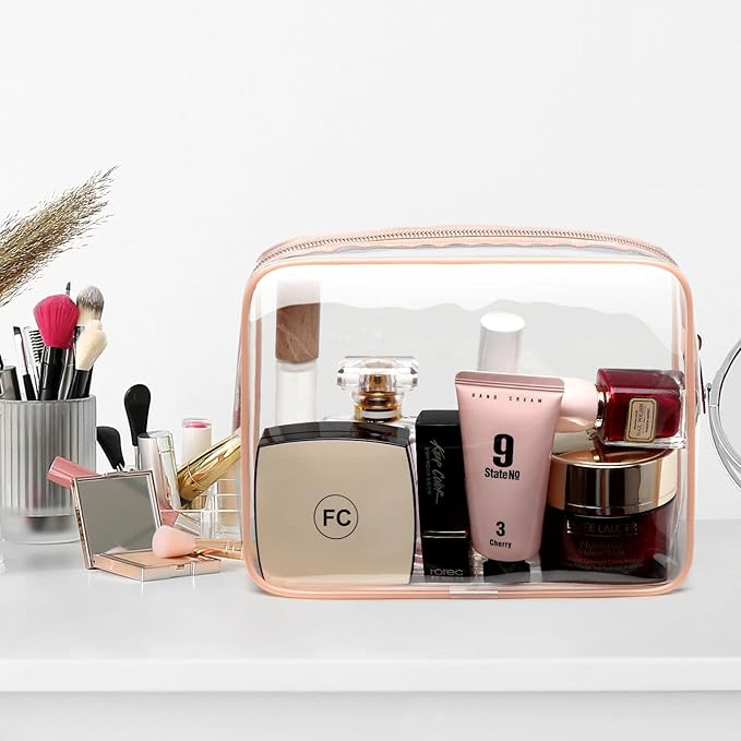 F-color 2 Pack Clear Makeup Bag, 1 Medium TSA Approved Toiletry Bag Quart Size Carry On & 1 Large for Checked Luggage, Water-resistant Clear Travel Bags for Toiletries, Rose Pink