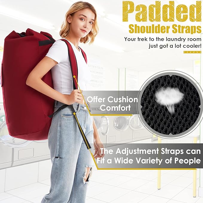 Backpack Laundry Bag, 115L Heavy Duty Extra Large College Laundry Backpack, Dirty Clothes Bag with Shoulder Straps, Laundry Hamper Bag with Drawstring Closure for College Dorm, Apartment Red