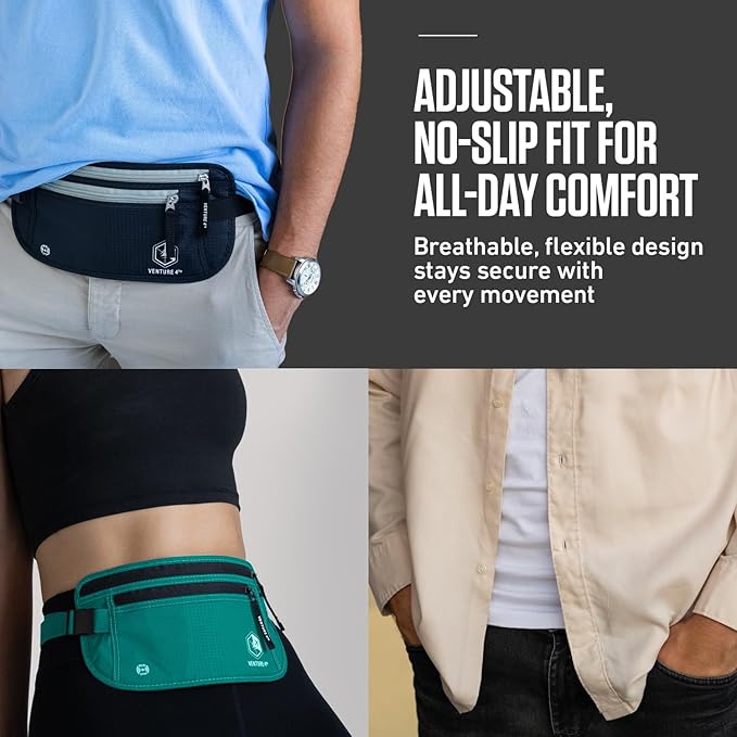 VENTURE 4TH Money Belt for Travel – Hidden Under-Clothes RFID Blocking Passport Holder & Slim Travel Wallet Pouch for Men & Women to Protect Cash, Cards & Documents (Purple)