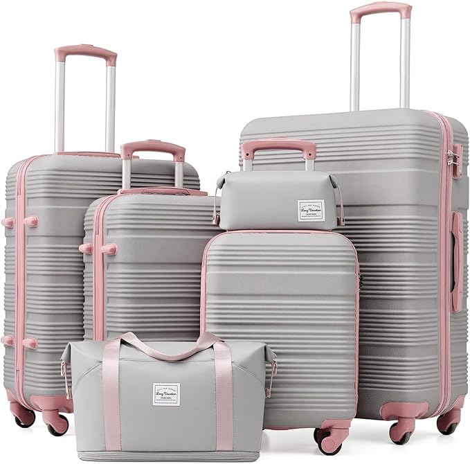 LONG VACATION 6 Piece ABS+PC Hardshell Luggage Set with Spinner Wheels, Lightweight suitcase set with TSA Lock & YKK Zipper