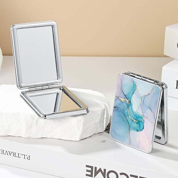 Pocket Mirror, Small Travel Mirror with Magnification, Portable Double-Sided Magnifying Cosmetic Mirror for Daily (Blue Marble)