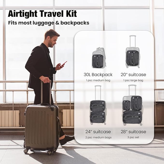 3 Pack Vacuum Bags for Travel with Pump, 3-Size Set Reusable Vacuum Compression Bags for Luggage, Space Saver IP67 Waterproof Vacuum Packing Cubes for Suitcase&Backpack, Black