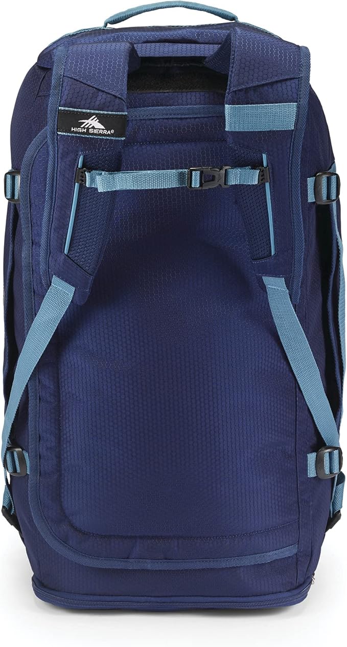 High Sierra Fairlead Travel Overnight Duffel Backpack Gym Bag with Padded Handles, Compression Straps, and Multiple Pockets, True Navy/Graphite Blue