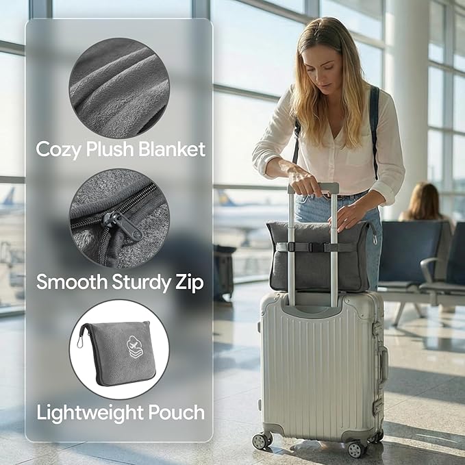 Travel Blanket, Soft 2-in-1 Airplane Blanket, 65x40 Inches, Travel Essentials Car Blanket with Luggage Sleeve & Backpack Clip (Light Grey)