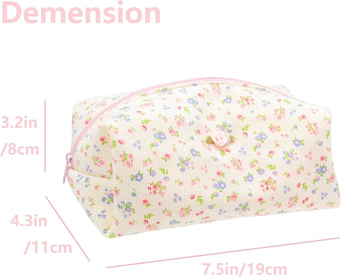 PAZIMIIK Cozy Makeup Bag Travel Cosmetic Bag for Women Soft Toiletry Bag Aesthetic Makeup Organizer Portable Large Zipper Pouch for Skincare Beauty Accessories Brushes Ribbing Floral Beige