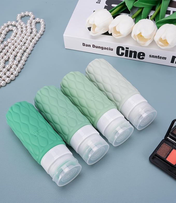 100 ml Silicone Travel Bottles for Toiletries with Labels/Clear Bag, Holiday Travel Essentials Leakproof Refillable Squeeze Travel Size Containers Set for Shampoo and Conditioner