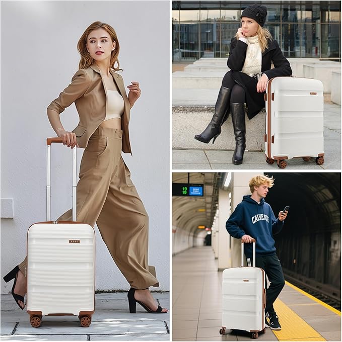Kono Carry On Luggage 24 Inch Checked-Medium Hard Shell Travel Trolley 4 Spinner Wheels Lightweight Polypropylene Suitcase with TSA Lock, Cream White