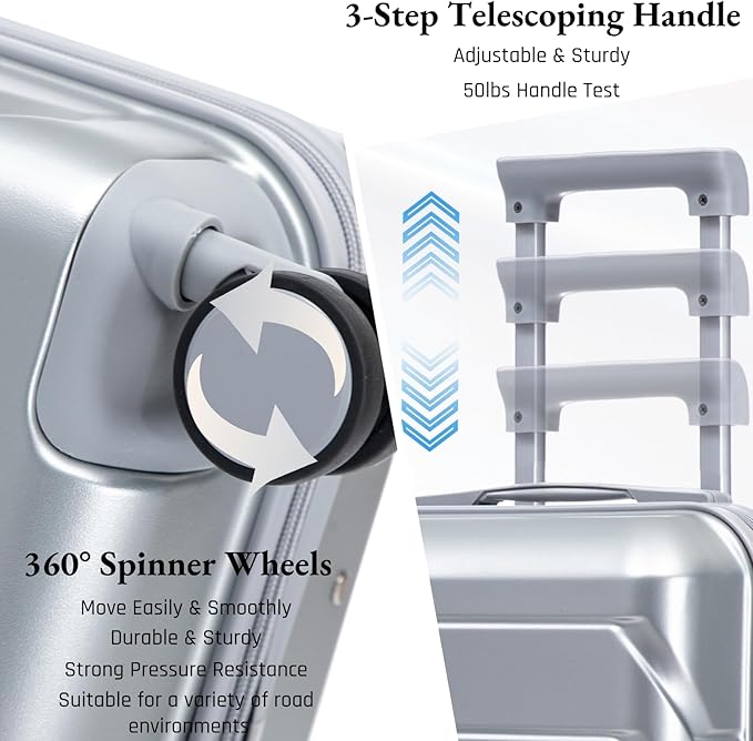 2-Piece ABS Hard Shell Lightweight Carry-On Luggage Set (14" & 20"), 360-Degree Spinner Wheels, Adjustable Telescopic Handle and Combination Lock for Travel, Silver