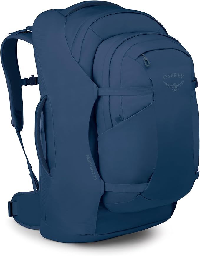 Osprey Farpoint 70L Men's Travel Backpack - Large Adjustable Travel Bag with Detachable Daypack, Antique Blue