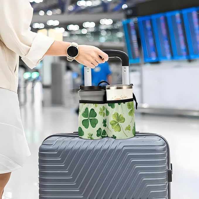 Green Natural St Patrick Clovers Luggage Cup Holder Travel Portable Free Hand Drink Carrier Suitcase Drinks Beverage Holder Carry-On Bottle Mug Holder Organizer Bag Travelers Accessories