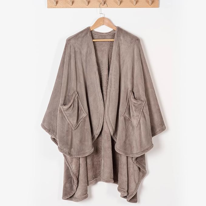 Berkshire Blanket Primalush™ Wearable Blanket, Cozy Loungewear Pocketed Plush Cape Wrap for Adults & Teens(Brown, One Size 58"X64")