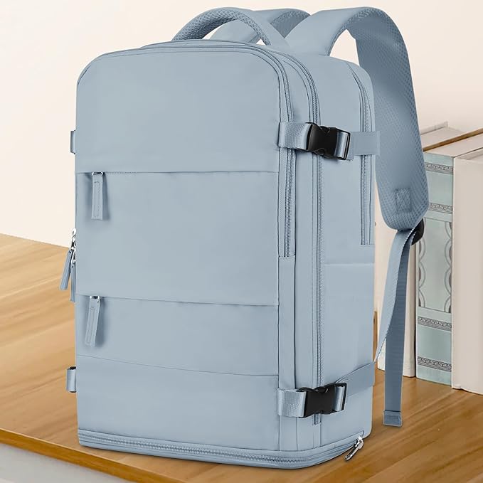 coowoz Large Travel Backpack For Women Men,Carry On Backpack Flight Approved,Hiking Backpack Waterproof Outdoor Rucksack Casual Daypack Fit 15.6 Inch Laptop Shoes Compartment,30L (Gray Blue)