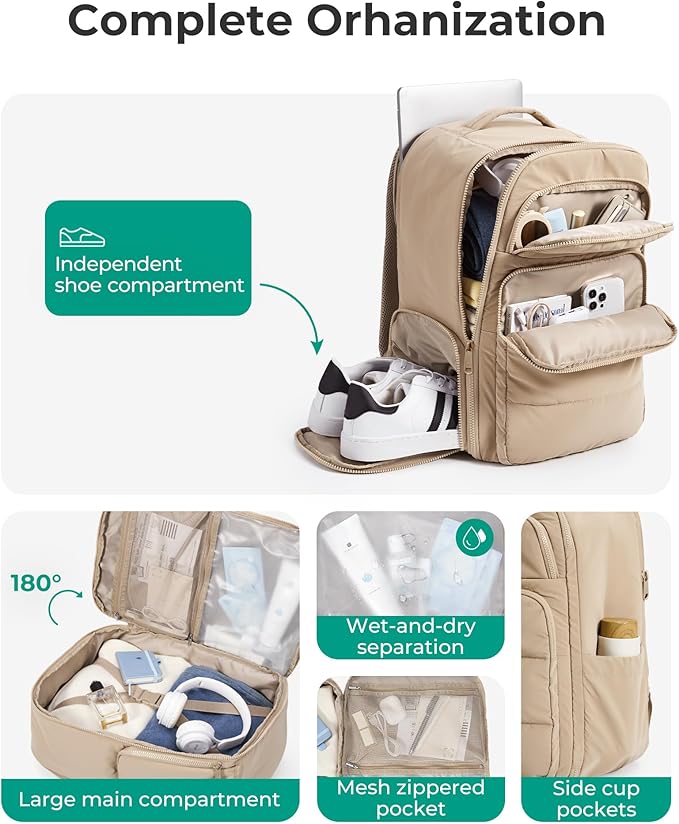 BAGSMART 35L Travel Backpack Women, 17.3 Inch Carry On Backpack Flight Approved, Personal Item Backpack Travel Bag, Water Resistant Casual Daypack, Coffee