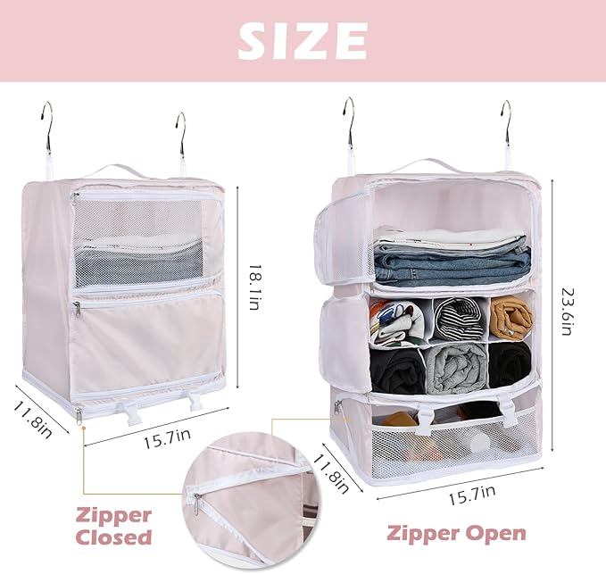 Surblue Hanging Shelves Travel Storage Bag Compression Packing Cube for Suitcase Portable Closet Organizer Collapsible with Extension Layer Large Capacity,Pink,XXL