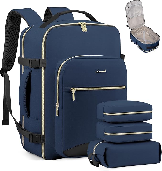 LOVEVOOK Travel Backpack for Women & Men 40L,Airline Approved Carry On Backpack Travel Essentials,TSA Carry on Luggage,Waterproof Personal Item Travel Bag,Suitcase with 3 Packing Cube,Blue green-Black