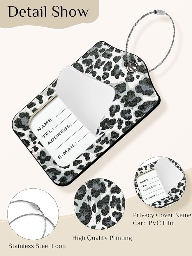 Seorsok 2 PCS Luggage Travel Tags for Suitcases,Cute Black Leopard PU Leather Name Tag with Privacy Cover&ID Label Address Card and Durable Metal Ring Suitable for Men Women Handbags Backpack,White